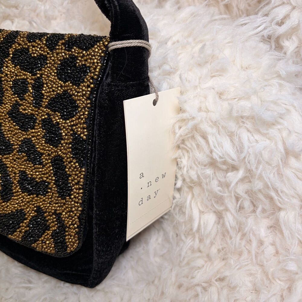 NWT A New Day Black Velvet Beaded Leopard Print Flap Shoulder Bag Purse